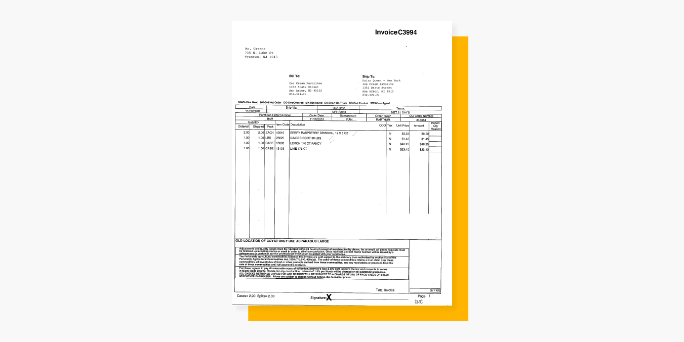 scan of an invoice with handwritten marks on it